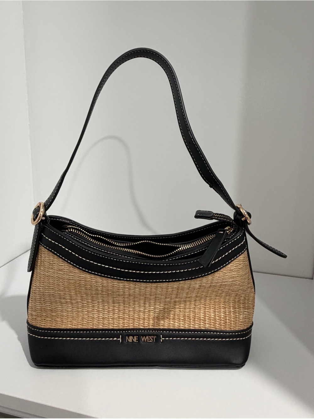 Nine West Black and Natural Woven Hobo Shoulder Bag with Gold Trim